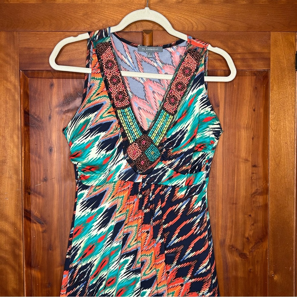 NY Collection Vintage Multicolor Zigzag Beaded Boho Maxi Sleeveless Dress Island - Picture 3 of 17